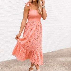 Pink Lily peach lace midi dress